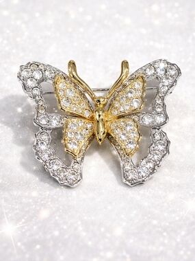 Nolan Miller Signed Gold and Silver Two-Tone Vintage Butterfly Brooch w/Crystals